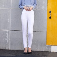 กางเกงขายาวสีขาวทรงผู้หญิงแฟชั่นสไตล์เกาหลี ผ้ายืดได้ ทรงกระบอกเล็กใส่สวยใส่สบาย (9108#）เป็นเอวยางยืด มีกระเป๋า