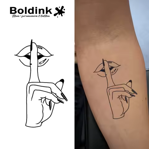 Boldink Minimalist Gesture Tattoo Patch - "Shh" Silent Gesture+Mysterious Red Lips Design | 1-2 Week