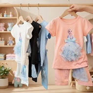 [Sweatie Store] 1-9 Years Latest Summer Fashionable Set for Girls: Elsa Cartoon 3D Elastic Mesh T-Sh