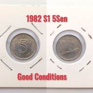 5Sen Coins GoodConditions 1982 Malaysia S1 Duit Syiling Lama Old Coins (CollectibleOnly)