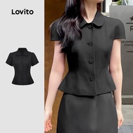 Lovito Elegant Blouse Classic and Versatile Button Texture Spring/summer Black Blouse for Women L144