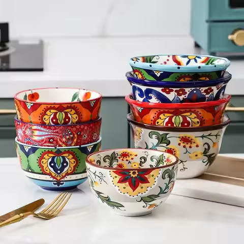 Creative Bowl Ceramic Bohemian Hand-Painted Rice Bowl Instant Noodle Bowl Household Fruit Salad Bowl