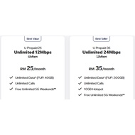 U Mobile U40 5G  Pack Unlimited Internet Prepaid Sim Card ONLY #预付卡#ESIM