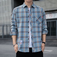 FUGUINIAO เสื้อเชิ้ตแขนยาวสำหรับผู้ชายเสื้อเชิ้ตลายสก็อตแฟชั่นสุภาพบุรุษ