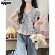 Fake two-piece top fake two-piece top Textured Stripes fake two-piece Short-Sleeved Shirt Women Smal