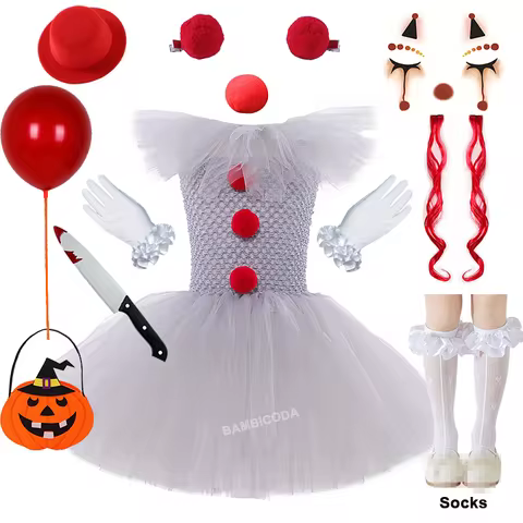 Halloween Pennywise Costume Creepy Clown Gray Tutu Dress Outfit Girls Fancy Carnival Party Tulle Dre
