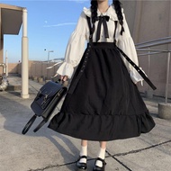 HOUZHOU Gothic Lolita Long Skirt Women Harajuku Ruffle Strap Black Skirt High Waist Soft Girl Japane