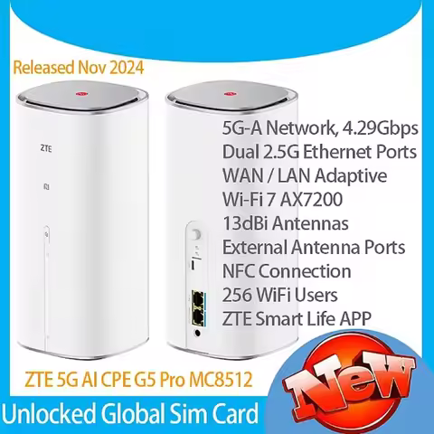 New Released ZTE 5G AI CPE G5 Pro MC8512 Dual 2.5G Ports NFC WiFi 7 BE7200 Unlocked 5G 4G LTE Sim Ro