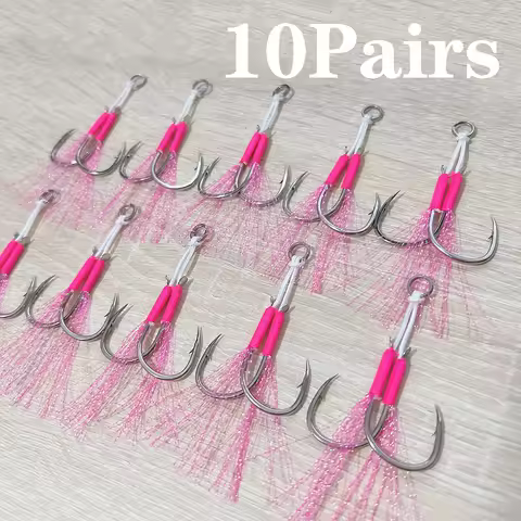 10Pairs Metal Jig Assist Hook Pink Double Hooks Thread Feather High Carbon Steel Sea Fishing Hook Sl