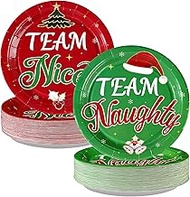 100Pcs Christmas Paper Plates 9 Inch Team Naughty Team Nice Party Decorations Disposable Red and Gre