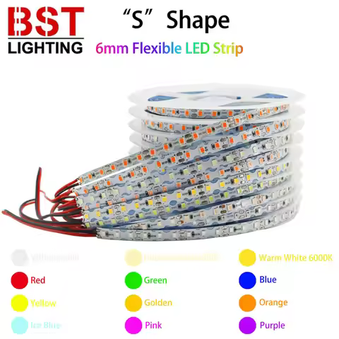 DC12V S Shape LED Strip 6mm Width Bendable 2835SMD 120LED/m Flexible Foldable Light Tape DIY Neon Si