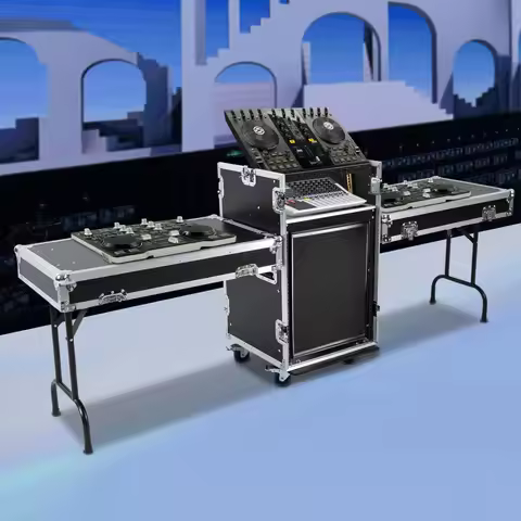 14U Mobile PA DJ Rack Road Case, Network & Stereo Rack with DJ Mixer Tops, Heavy-Duty 2-Tier Studio 