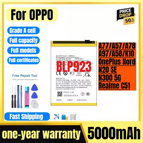 BLP923 for OPPO A77/A57/A78/A97/A58/K10/OnePlus Nord N20 SE/N300 5G/Realme C51 Phone Battery High Qu