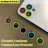 อุปกรณ์ป้องกันเลนส์ส่องสว่างสำหรับ iPhone 15 14 13 12 11 Pro Max แก้วป้องกันเลนส์กล้องถ่ายรูปเซรามิกบน iPhone 12 13 Mini 14 Pro Max อุปกรณ์ป้องกันเลนส์หลัง