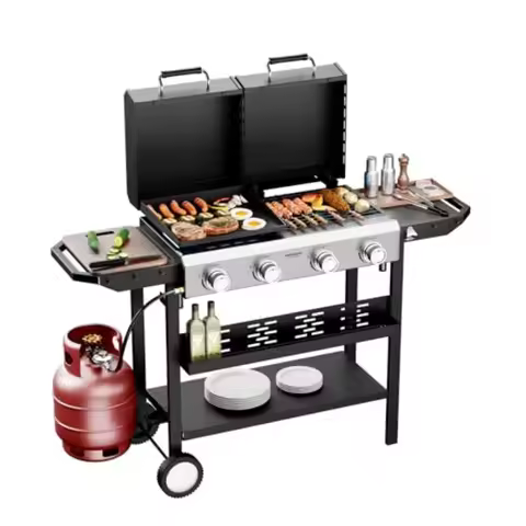 2-in-1 Propane Gas Grill and Griddle Combo with Lid 4 Burner Standing Flat Top Griddle Grill with 40