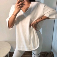 Irregular Tee Oversize Sexiest V-neck T-shirt Short Sleeve Loose Retro Basic Shirt Solid Color Split