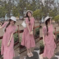 V59 Dress, Pink Plaid Fishtail Dress with Plaid Sleeves [Yen Tran]