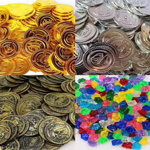 30pcs Pirate Gold Coins, Silver Coins Copper Coins Gemstones Children's Gifts Halloween Props Plasti