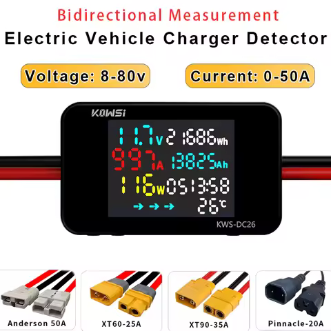 KWS-DC26 Battery Charger Tester DC8-80V 20A/25A/35A/50A Ammeter LCD Bidirectional Measurement Batter