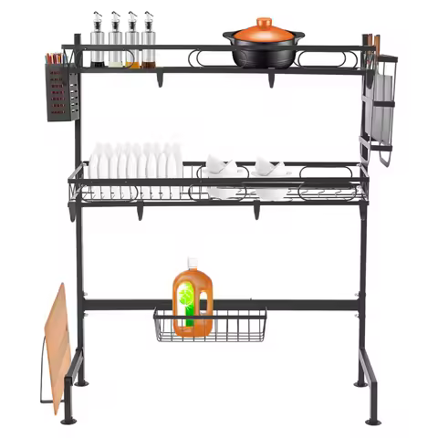 Sink Top Kitchen Storage Unit, 2-Tier Over Sink Dish Drying Rack, Carbon Steel Baking Varnish Black 