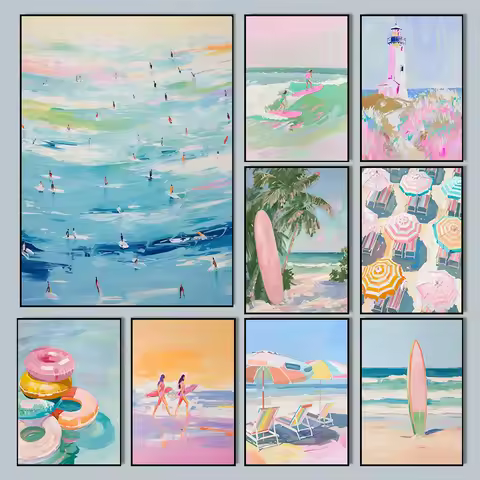Pink Watercolor Ocean Waves Seascape Poster Oyster Shell Beach Umbrella Surfing Canvas Printing Wall