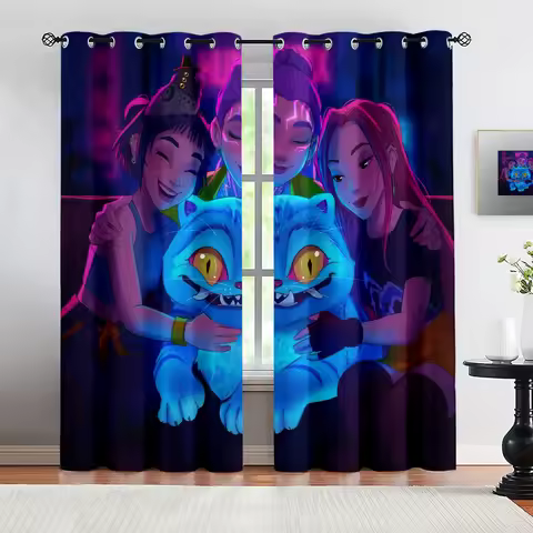 2Pcs K-Pop Demon Hunters Hot Anime Girl Team Printed Blackout Curtains Viral Perfect For Bedroom Liv