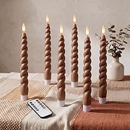 Full Twisted Spiral Flameless LED Taper Candles – Brown, Set of 6 – 2/4/6/8-Hr Timer (24-Hr Memory),