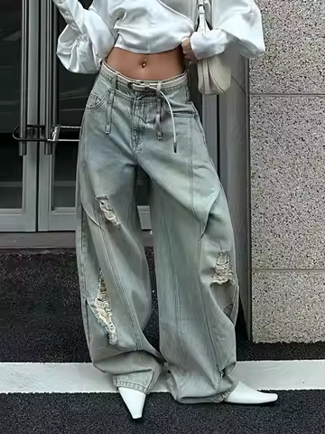American Retro Ripped Jeans Loose Bf Baggy Jeans Boyfriend Jeans for Women