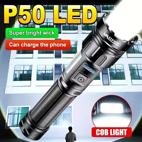 XHP90 LED Flashlight 5000LM Rechargeable, Tactical Zoomable Torch with COB Side Lamp Power Bank IPX4
