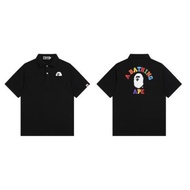 BAPE BAPE-เสื้อโปโลผ้าฝ้ายพิมพ์ลายตัวอักษรมีกระเป๋าหน้าอกสำหรับผู้ชายเสื้อยืดเสื้อแขนสั้นมีปกแฟชั่น