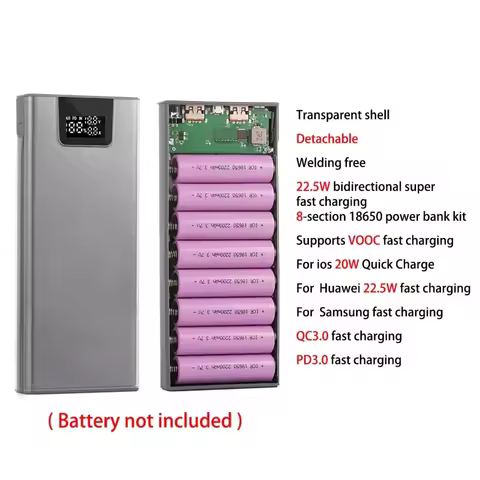 8*18650 Battery Case Power Bank Shell Welding-Free Power Bank Case Detachable Portable QC 3.0 PD DIY