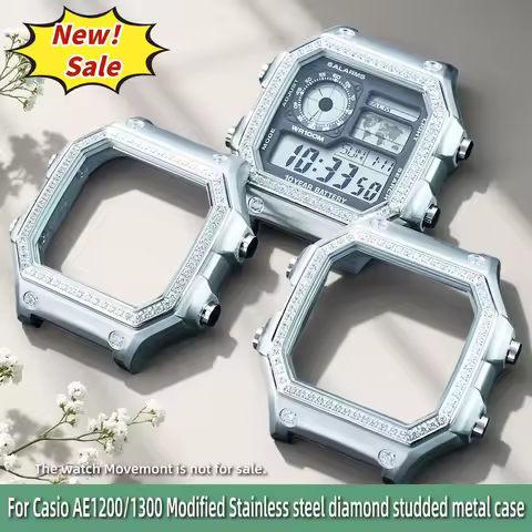 For Casio 3299 AE-1200WH Watch Case Modified AE1200 AE1300 Stainless Steel Metal Shell Silver Diamon