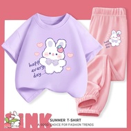 100% Cotton Kids Suit 2-14Y Baby Girls Soft Ice-silk Long Trouser & Tshirt Summer Korean Fashion T-s