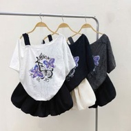 Set 2 Piece women's off-the-shoulder t-shirt with butterfly print and cute flared skirt, cute loose 