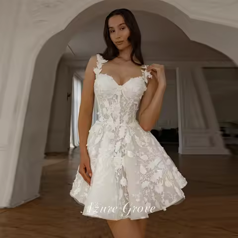 Azure Customized Luxury Short Lace Wedding Dresses A-Line Sweetheart 3D Floral Applique Straps Mini 