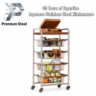 Rolling Trolley Stainless Steel Movable Storage Rack shelf Home Kitchen Organizer with Wheel&Basket