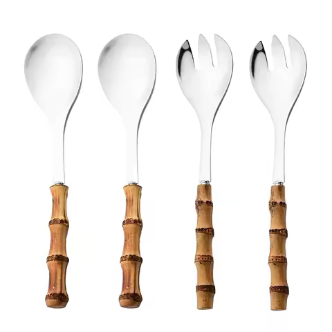 2/4Pcs Long Handle Serving Spoon Fork Bamboo Wooden Handle Salad Spork Kitchen Stainless Steel Table