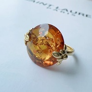 天然琥珀 波羅的海 焦糖珀 珀花 純銀戒指 優雅金色 設計款七夕情
