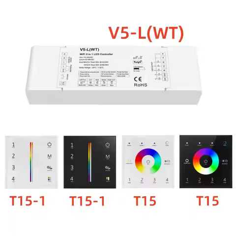 V5-L(WT) Tuya App 5CH*6A DC12-48V WiFi & RF 5 in 1 Led Controller T15/T15-1 AC100-240V 4Zones RGBW+C