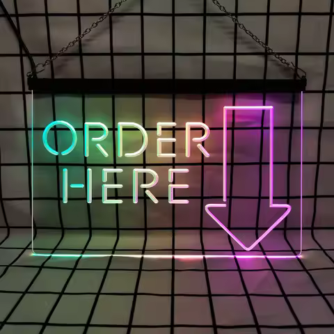 Order Here Cashier Shop-LED Neon Sign,Colorful Flowing Lights,Remote Controlled for Home Décor and F