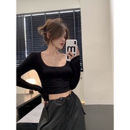 t shirt woman U-Neck Threaded Long Sleeve T-Shirt - Women's Spring Tight Fit Stylish Top