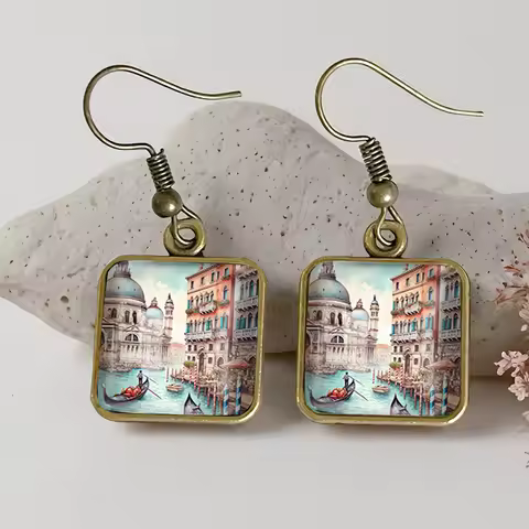 2025 New The Water City of Venice Square Earring Retro Glass Dangle Earrings Handmade Jewelry Gift