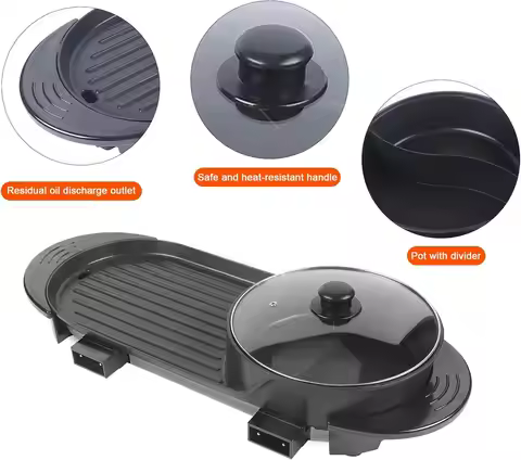 Electric Hot Pot with Grill 2 in 1 Shabu Hot Pot Korean BBQ Grill Removable Nonstick Smokeless Durab