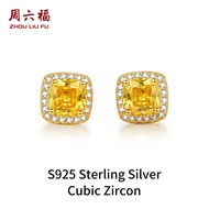 ZHOU LIU FU 周六福 ต่างหู S925 Sterling Silver Yellow Cubic Zircons Studs Fashion Small Square Earring 
