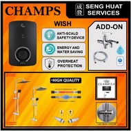 Champs WISH-BK Instant Heater With CLASSICLA TS7009 Silver Rain Shower Set