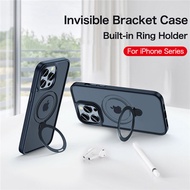 Metal Magnetic Stand Matte Phone Case For iPhone 14 13 12 15 Pro Max Built-in Ring Holder For iPhone 14 15 Plus MagSafe Shockproof Protective Casing