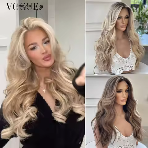LUX VOGUE Brown Diamond Sheen Balayage Color 100% Virgin Hair Wig 260% Density Beachy Waves 13x6 Upg