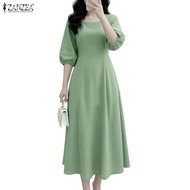 ZANZEA Women's Elegant Office Ladies Squared Neck 3/4 Sleeve Lantern Sleeves Midi ASwing Dress