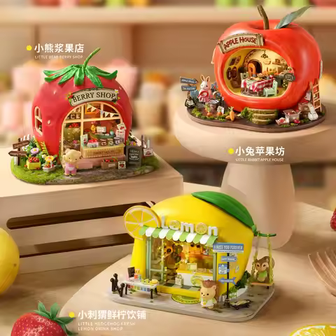 DIY Miniature Fruit Town Scene Kits - Little Rabbit Apple House, Bear Berry Shop & Hedgehog Lemon Dr