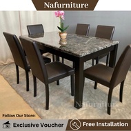 NafurnitureBonee Marble Brown Top Table Dining Set With Leg Solid Rubber Wood + 6 Dining Chair [Free Installation Servic